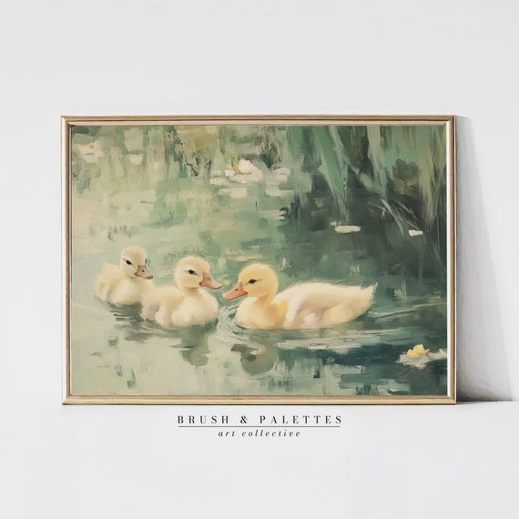 Baby Ducklings Swimming Print Pastel Animal Painting Wall Decor Whimsical Farm Nursery Art For Country Homes
