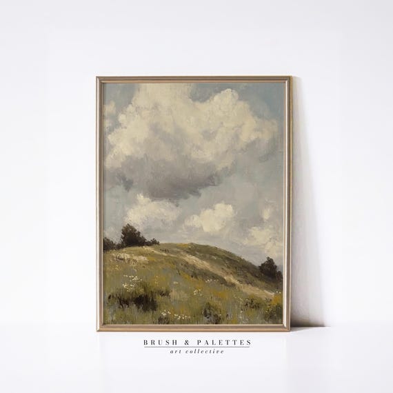 Pastoral Hill With Cloudy Sky Landscape Oil Painting Wall Decor Country Farmhouse Art For Rustic Or Natureinspired Homes