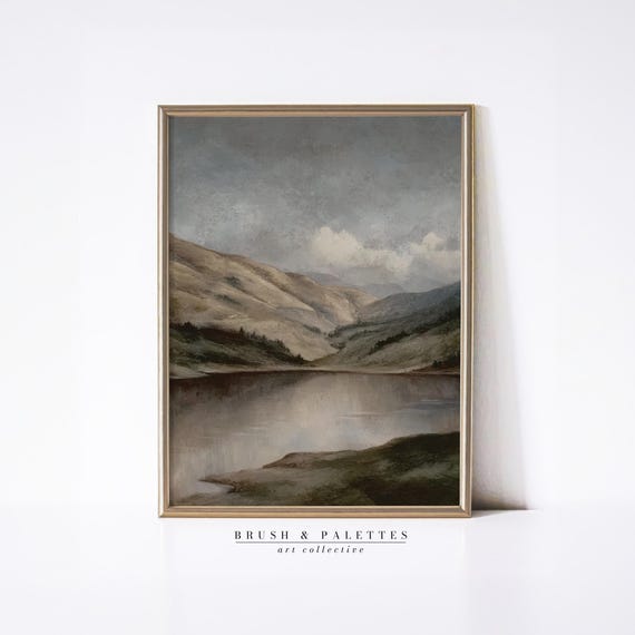 Misty Mountain Lake Print Vintage Landscape Wall Art Moody Nature Scene Decor For Lodge Rustic Or Minimalist Homes