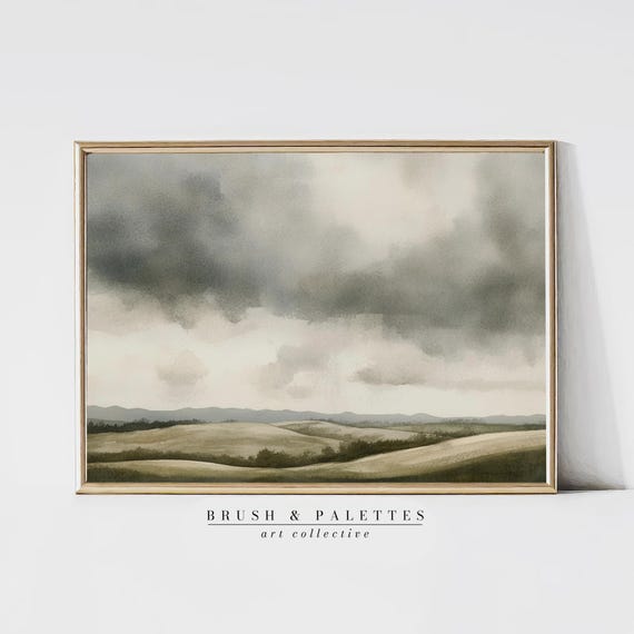 Stormy Hills Watercolor Landscape Moody Cloudy Sky Art In Beige Grey Tones Minimalist Nature Wall Decor For Rustic Homes