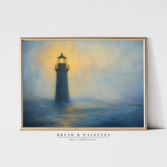 Lighthouse At Dusk Print Coastal Seascape Wall Decor Moody Nautical Art For Beach Lodge Or Seaside Homes