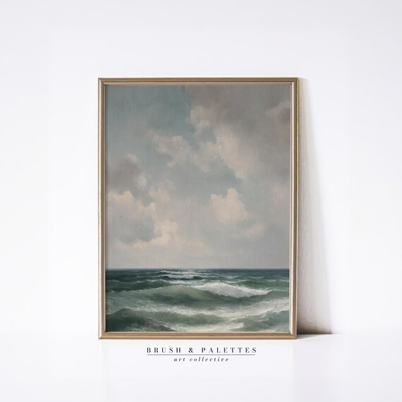 Muted Vintage Ocean Waves Seascape Cloudy Sky Coastal Painting Poster