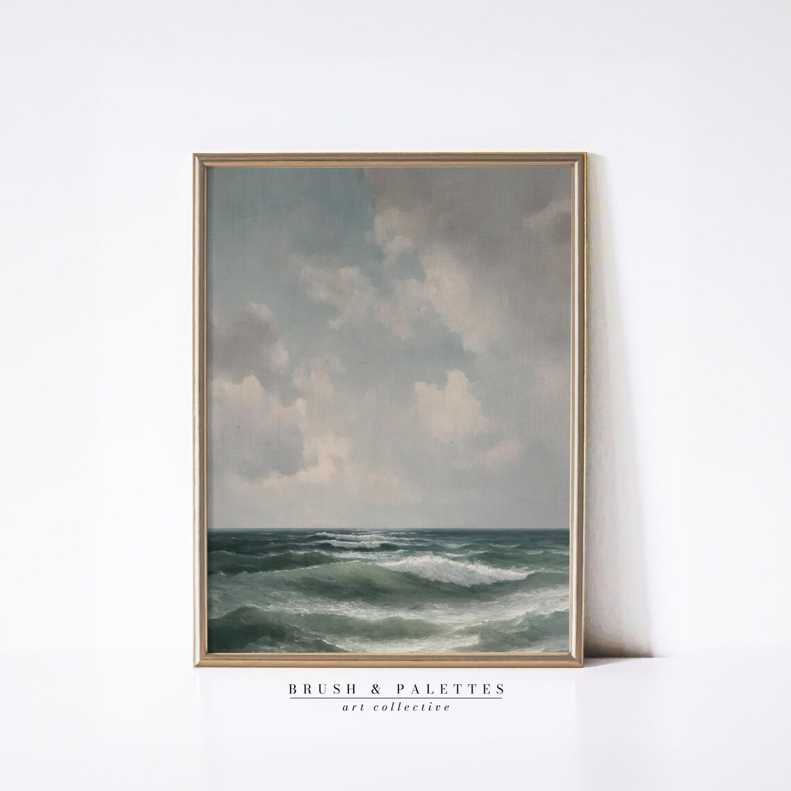 Muted Vintage Ocean Waves Seascape Cloudy Sky Coastal Painting Poster
