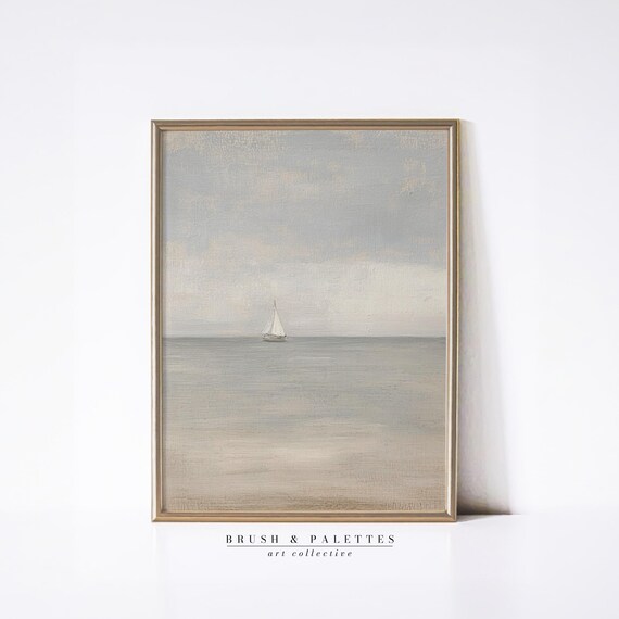 Minimalist Ocean With Lone Sailboat Serene Gray Seascape Poster
