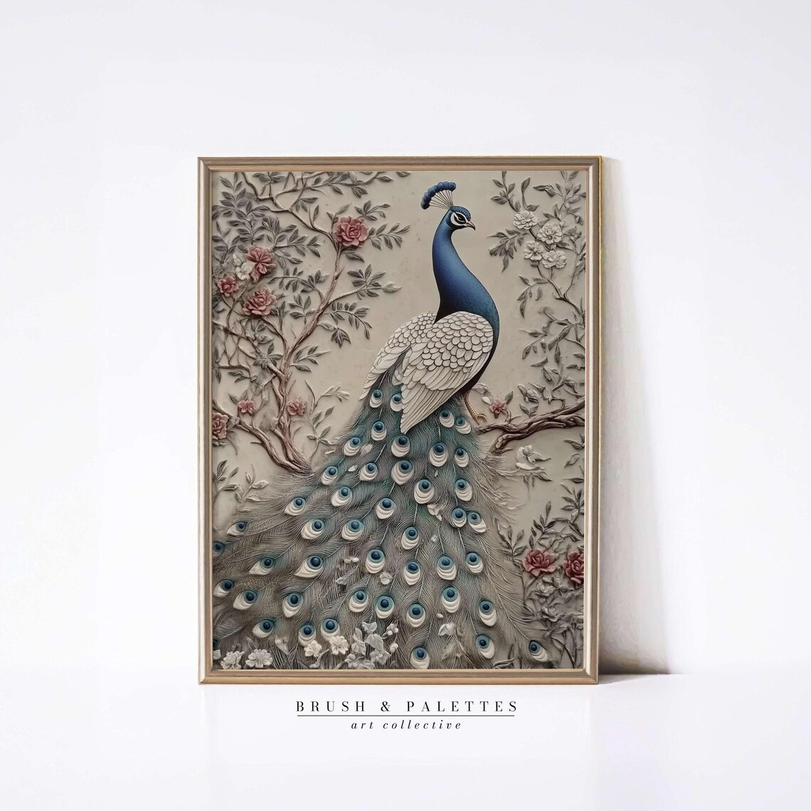 Peacock Relief Art Embossed Floral Ivory Bird Sculpted Painting Poster