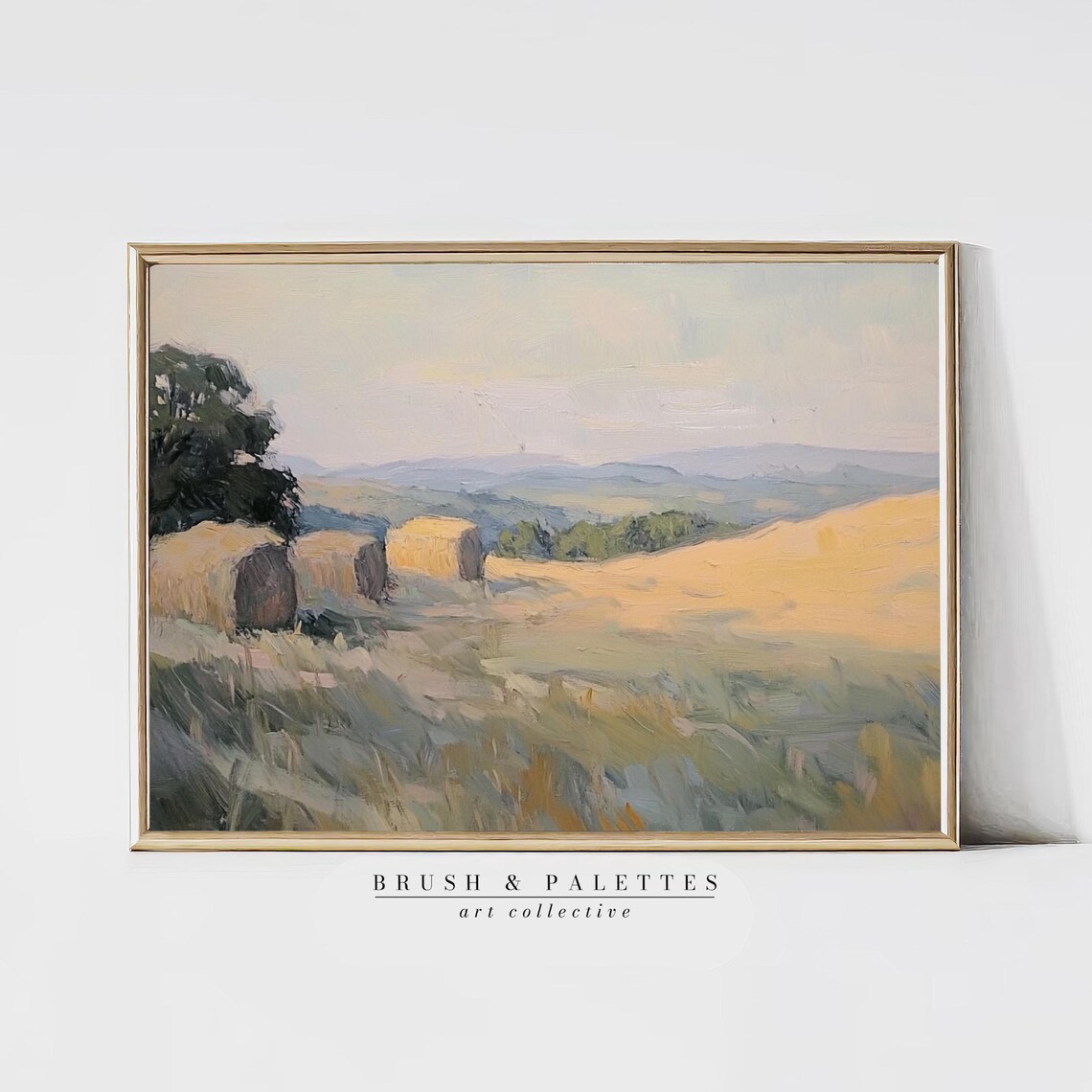 Golden Hay Bales Warm Sunset Field Rolling Hills Landscape Print