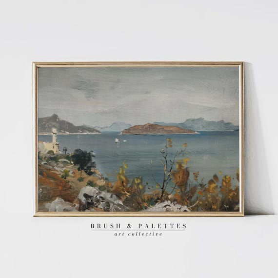 Mediterranean Lighthouse Bay Scene Coastal Landscape Wall Art Nautical Painting For Seaside Or Beach Homes