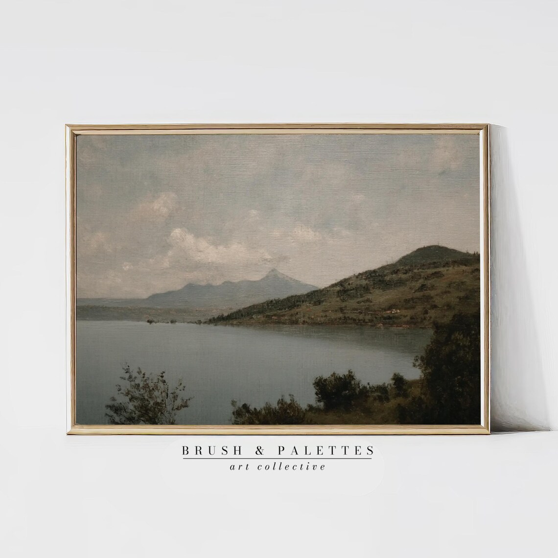 Italian Lake Bracciano Calm Water Mountains Vintage Painting Poster