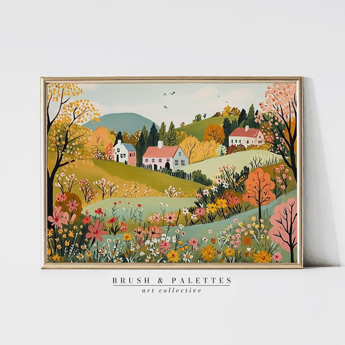 Colorful Countryside Village Houses Wildflower Hills Folk Print