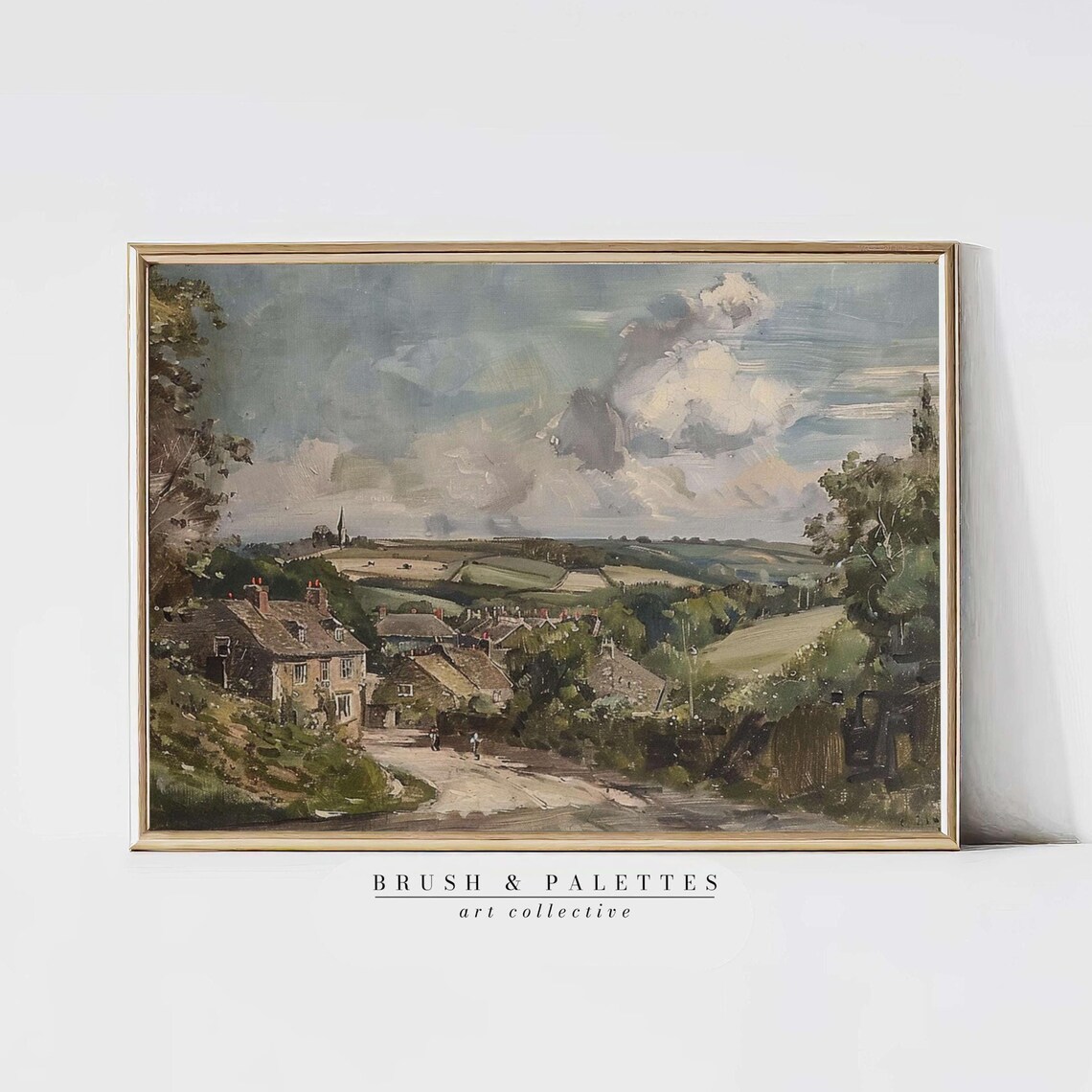 Rolling Hills Country Village Cottages Pastoral Landscape Art Poster