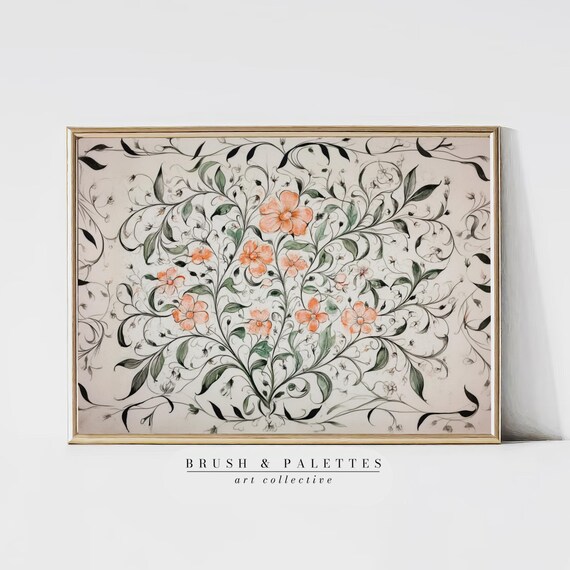 Medieval Floral Manuscript Illustration Ornate Botanical Vine Wall Art