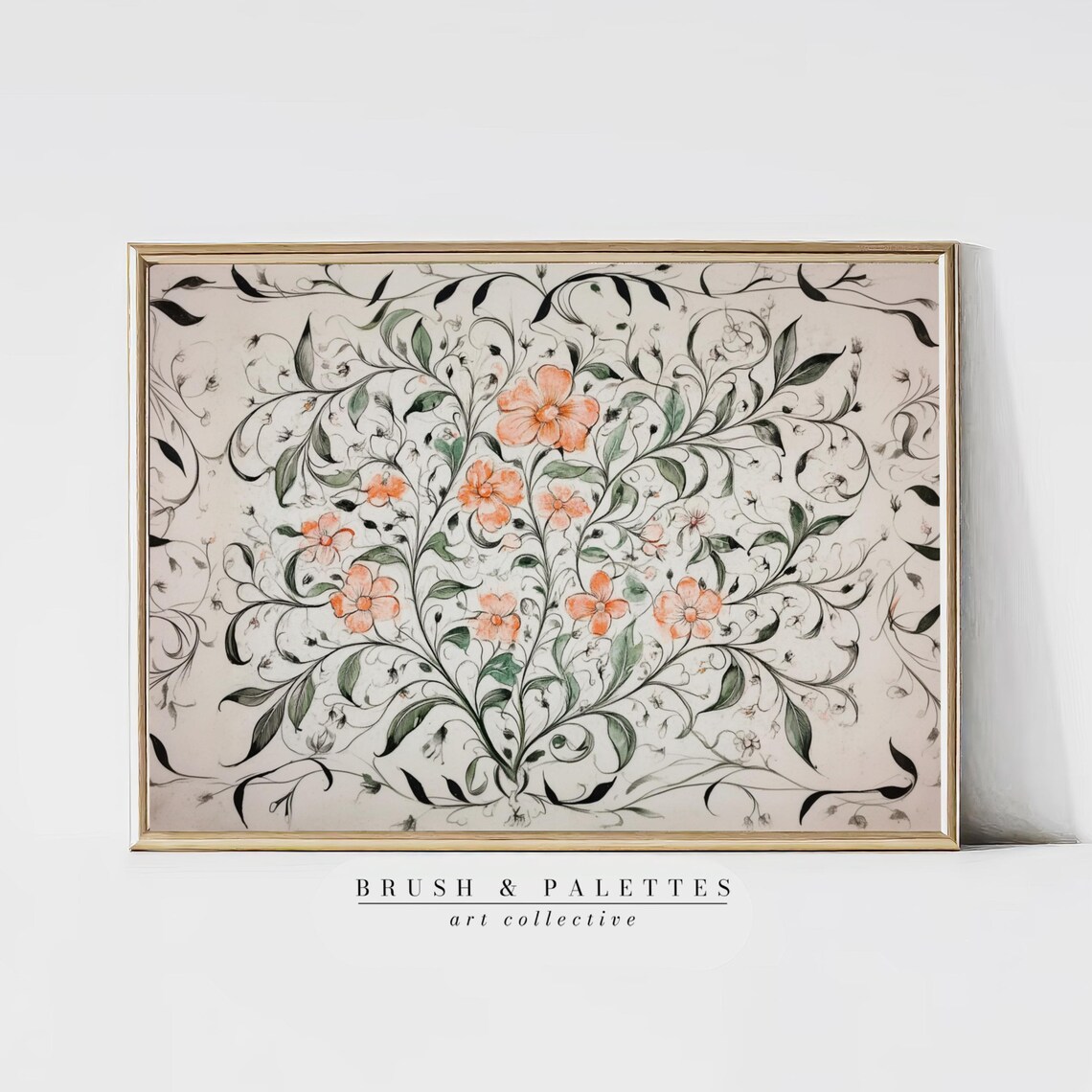 Medieval Floral Manuscript Illustration Ornate Botanical Vine Wall Art