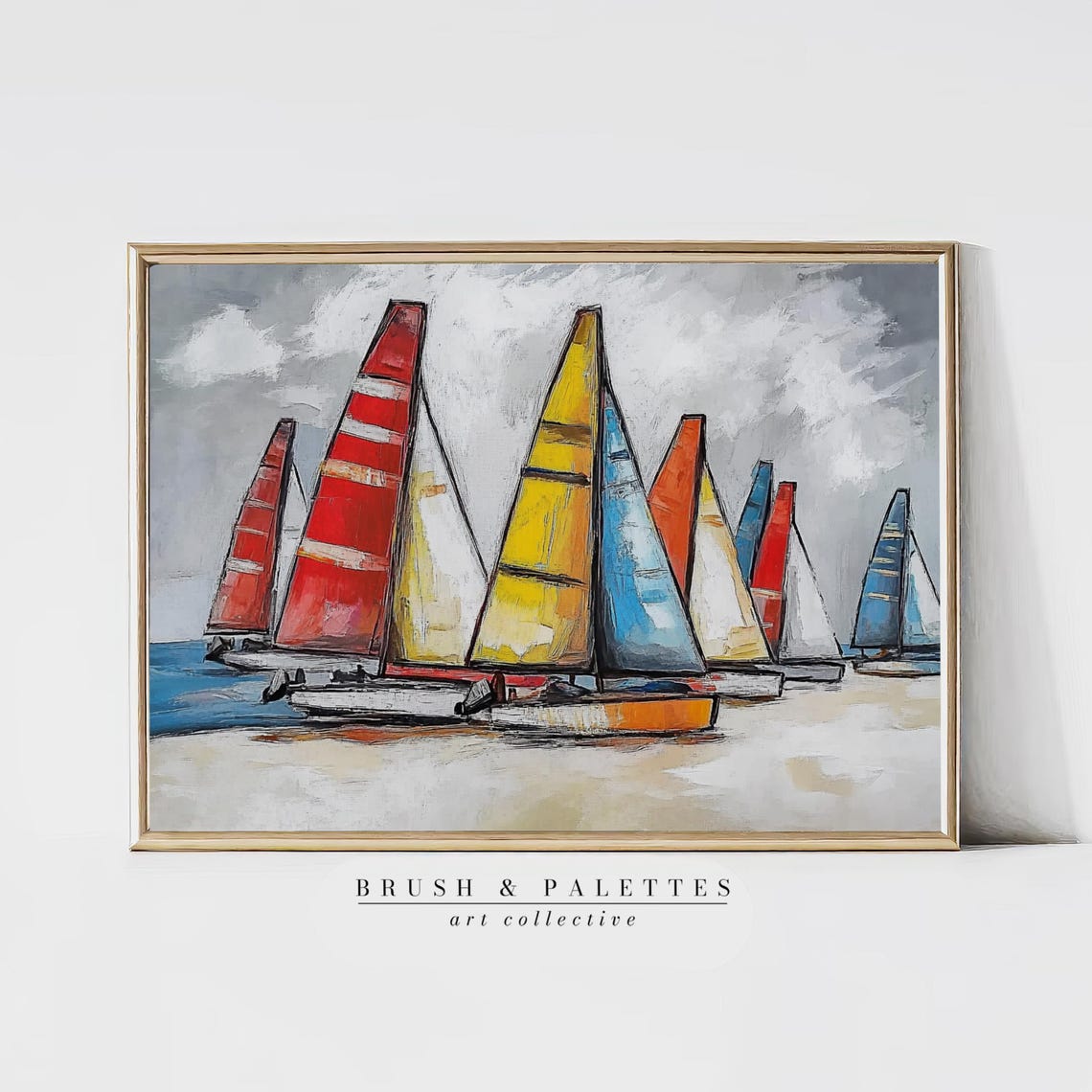 Colorful Catamarans Red Yellow Sails Beach Impressionist Poster