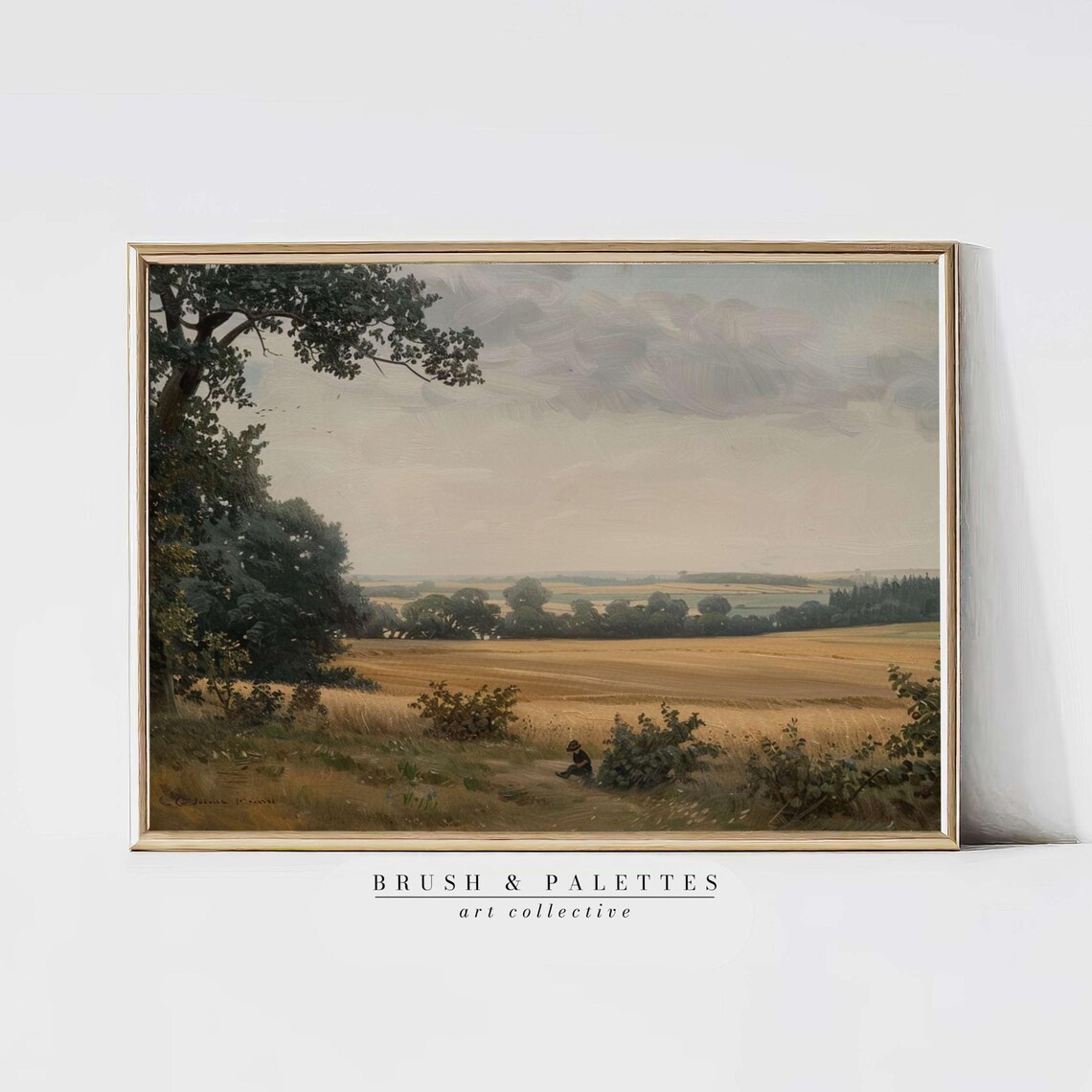 Golden Wheat Field At Dusk Figure Resting Rural Landscape Art Poster