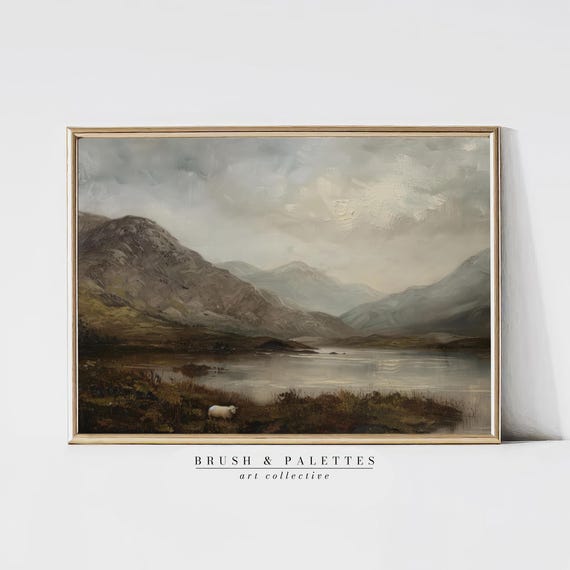 Moody Mountain Lake Print Rustic Landscape Art With Sheep And Misty Hills Serene Nature Painting For Lodge Cabin Decor