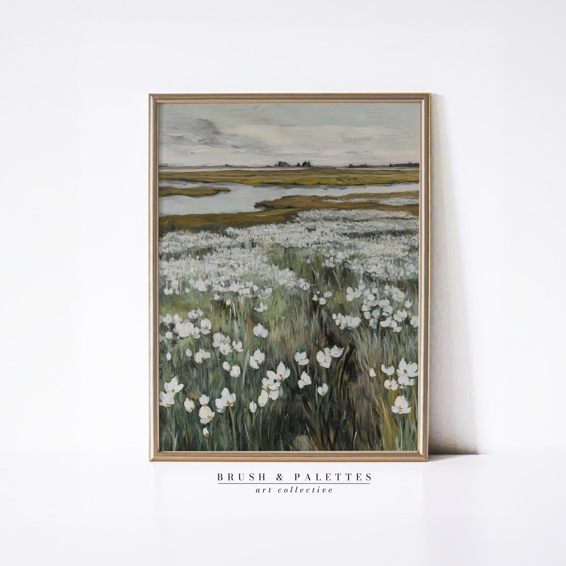 White Wildflower Field Marsh Inlet Soft Sky Landscape Poster