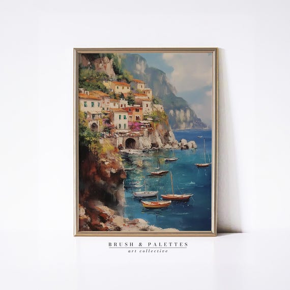 Amalfi Coast Vintage Oil Painting, Positano Travel Poster