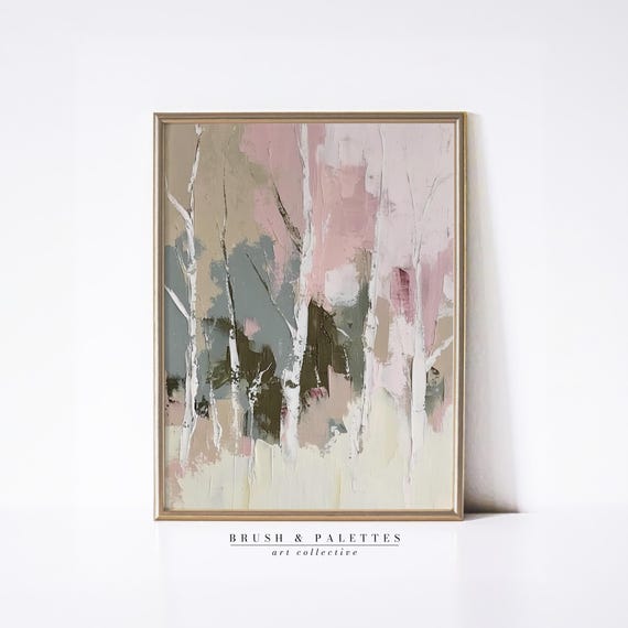 Blush Birch Tree Abstract Painting Forest Wall Art With Texture Minimalist Nature Decor For Boho Neutral Or Modern Homes