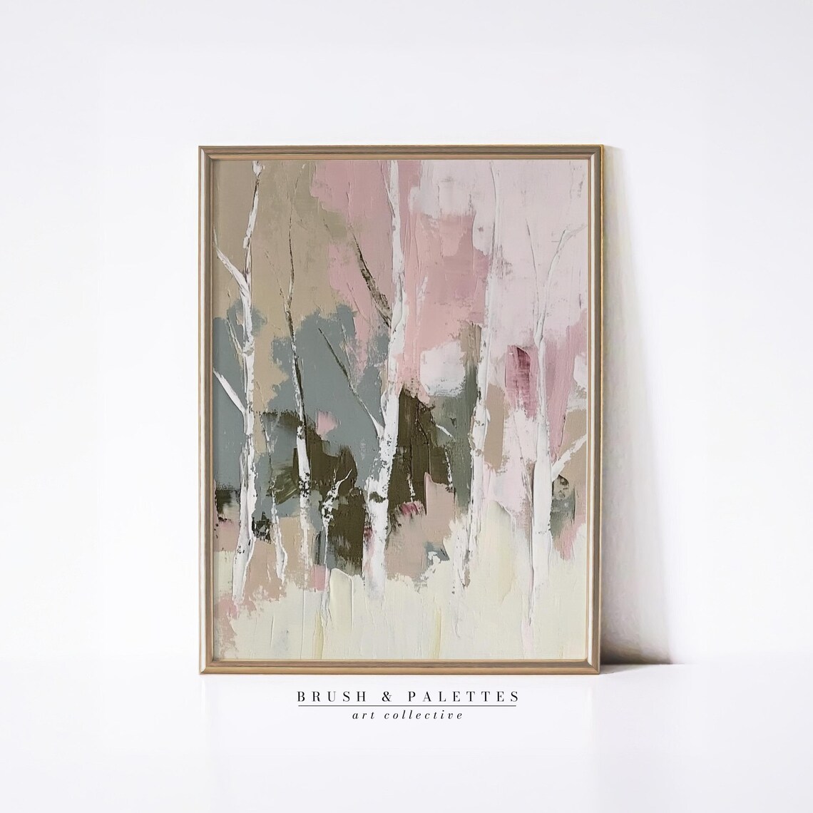 Blush Pink Birch Tree Forest Abstract Painting Soft Texture Wall Art