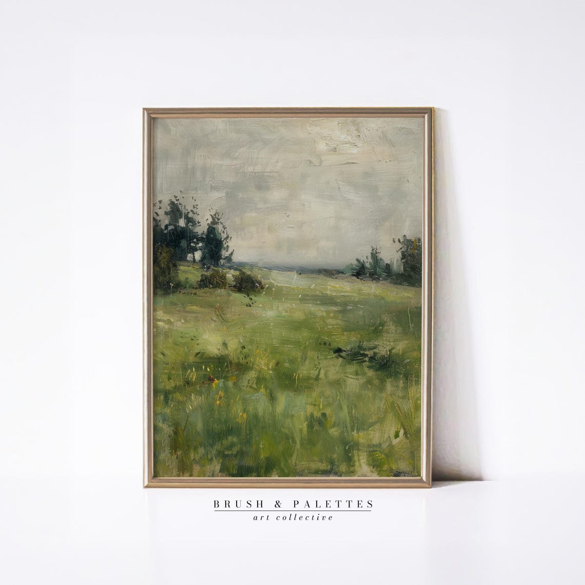Green Meadow Trees Soft Clouds Impressionist Countryside Poster