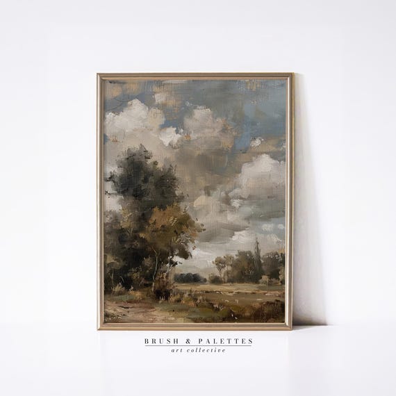 Rustic Landscape Painting Cloudy Sky Wall Decor Countryside Nature Art For Country Farmhouse Or Primitive Home Interiors