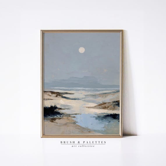 Moonlit Coastal Landscape, Minimalist Beach Art Print