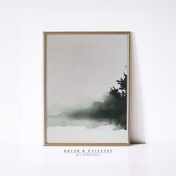 Ink Wash Pine Trees Minimalist Black Forest Mist Painting Poster