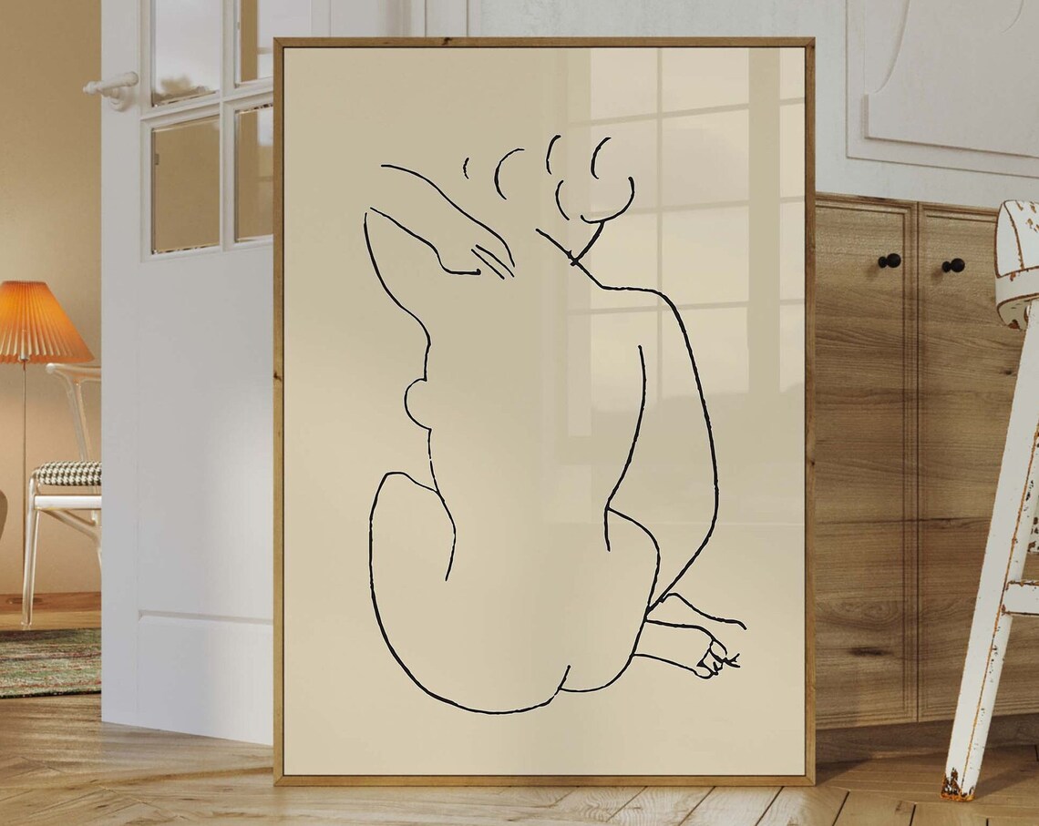 Matisse Style Line Art Seated Woman Minimalist Beige Nude Wall Art - Image 3