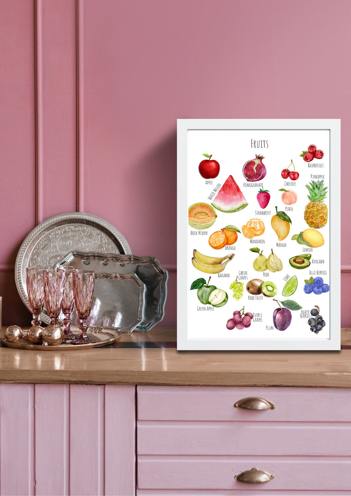 Watercolor Fruits Chart Apple Mango Pineapple Kids Kitchen Art Poster - Image 6