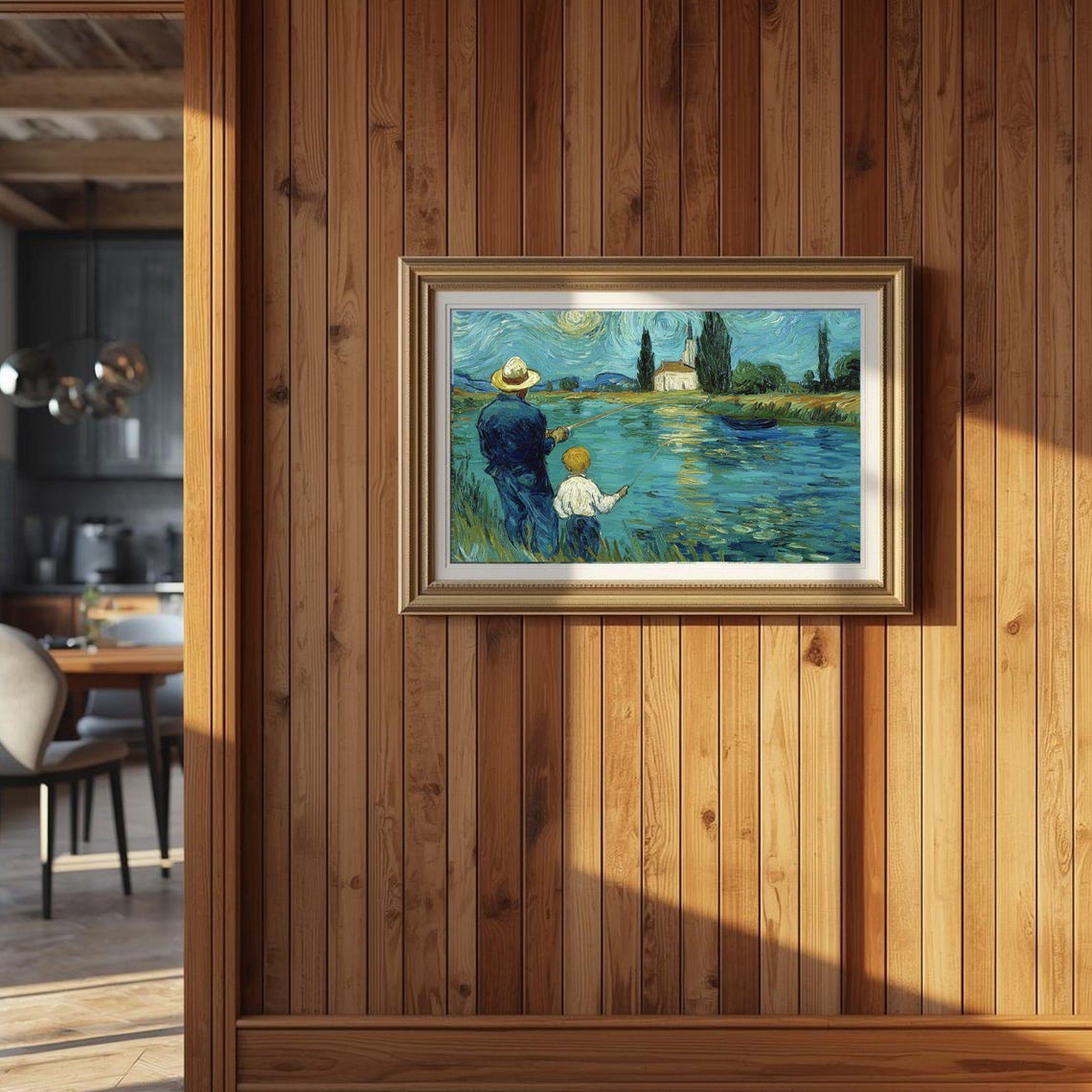 Father And Son Fishing Art Print Nostalgic Lake Scene