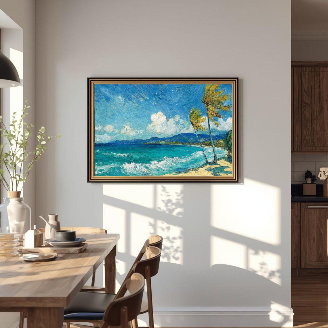 Tropical Seascape Print Bright Ocean Waves Palm Trees