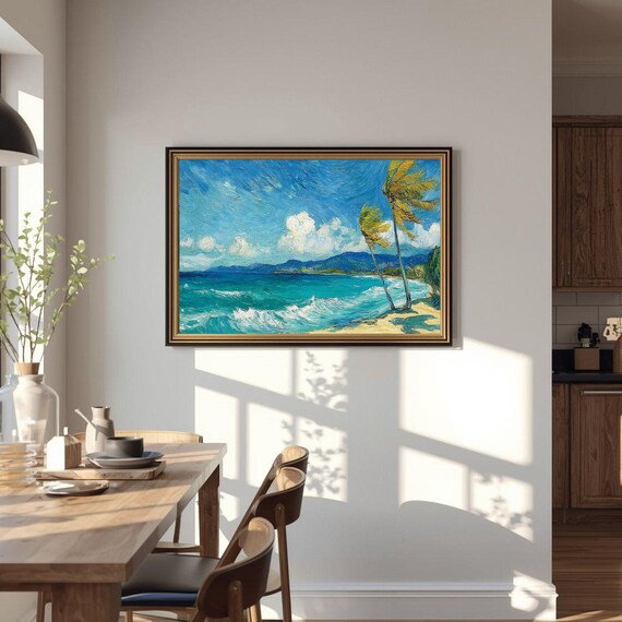 Tropical Beach Palms and Turquoise Waves Impasto Ocean Art Poster