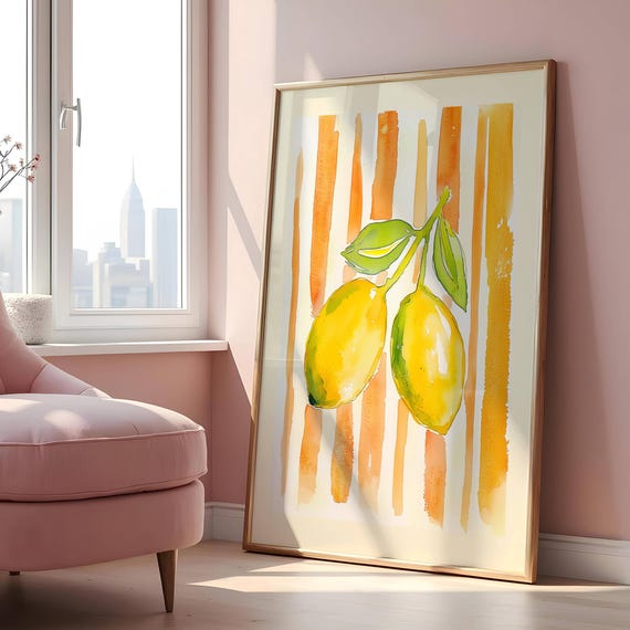 Lemon Wall Art Print Retro Fruit Kitchen Decor Minimalist Artwork Summer Orange Stripe Modern Botanical Painting