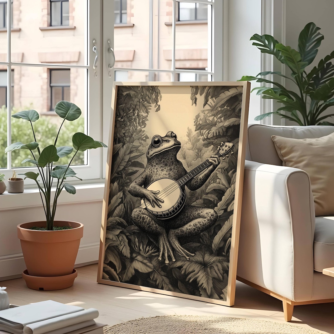 Frog With Banjo, Vintage Jungle Illustration