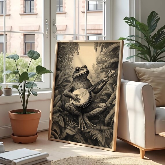Frog With Banjo, Vintage Jungle Illustration