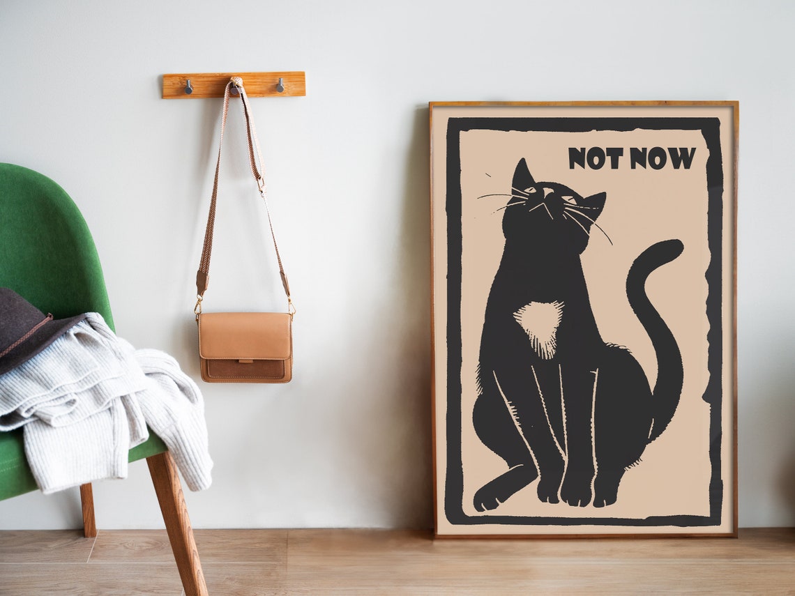 Not Now Grumpy Black Cat Retro Linocut Funny Attitude Cat Poster - Image 5