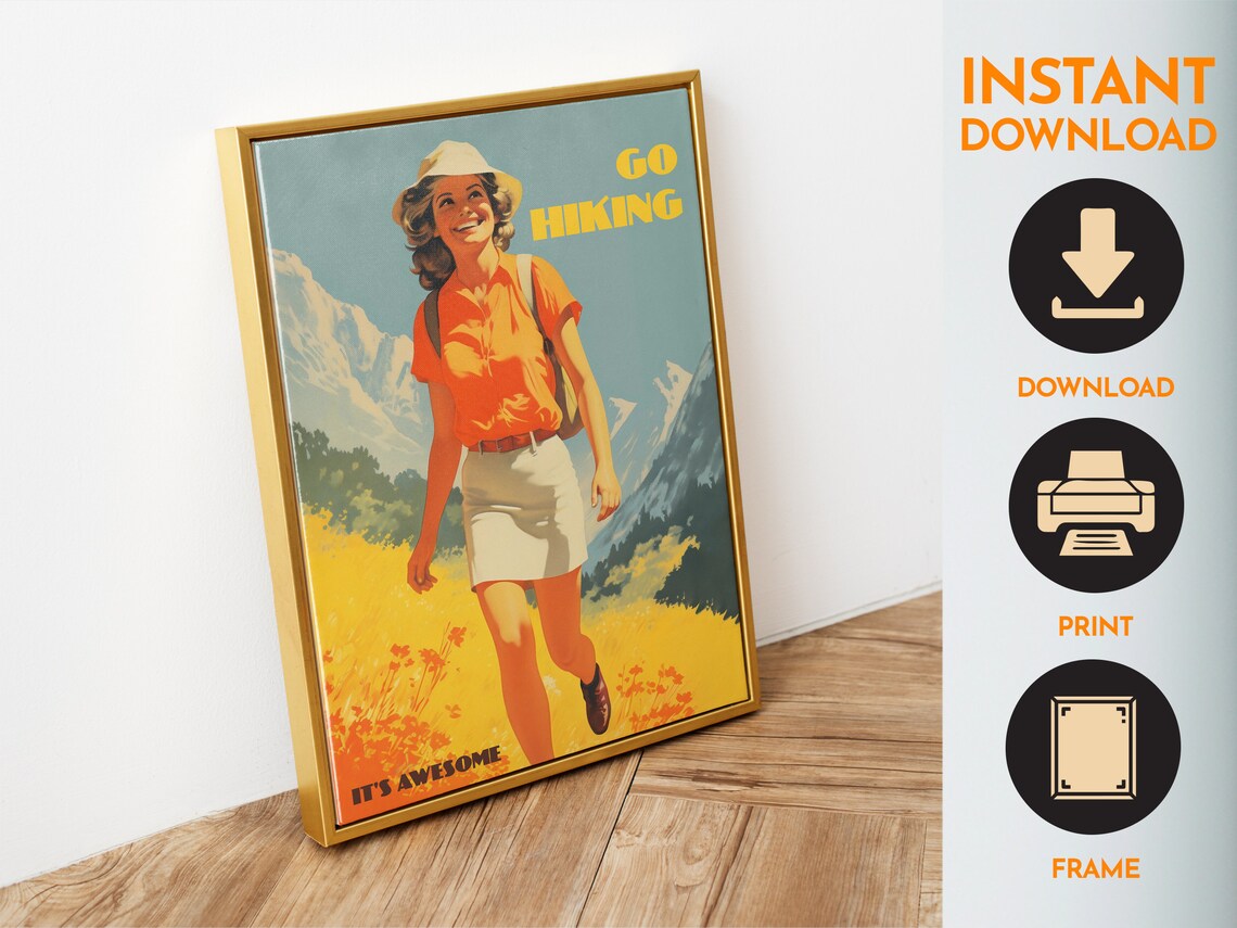 Go Hiking Retro Woman Mountain Trail Yellow Vintage Outdoor Poster - Image 6