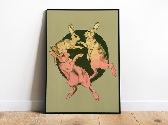 Dancing Hares Trio Sage Green Retro Rabbits Circle Vintage Art Poster