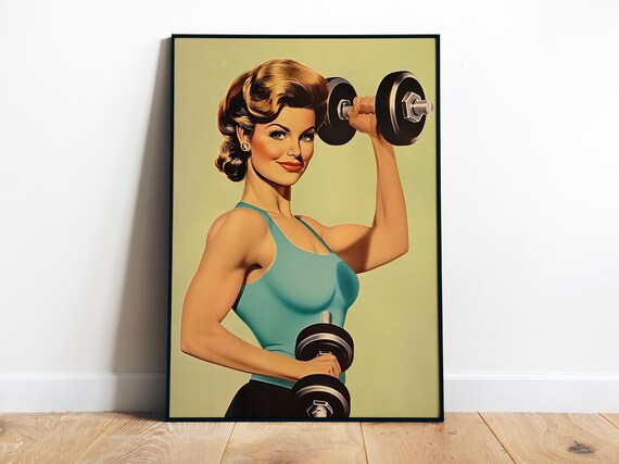 Retro Woman Lifting Dumbbells Vintage Gym Fitness Art Poster