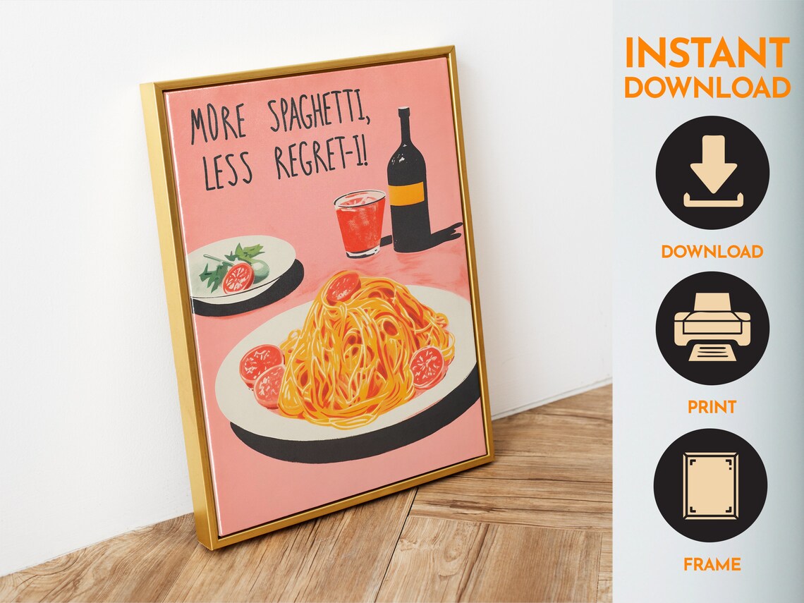 More Spaghetti Less Regret I Pink Retro Italian Food Wine Poster - Image 6