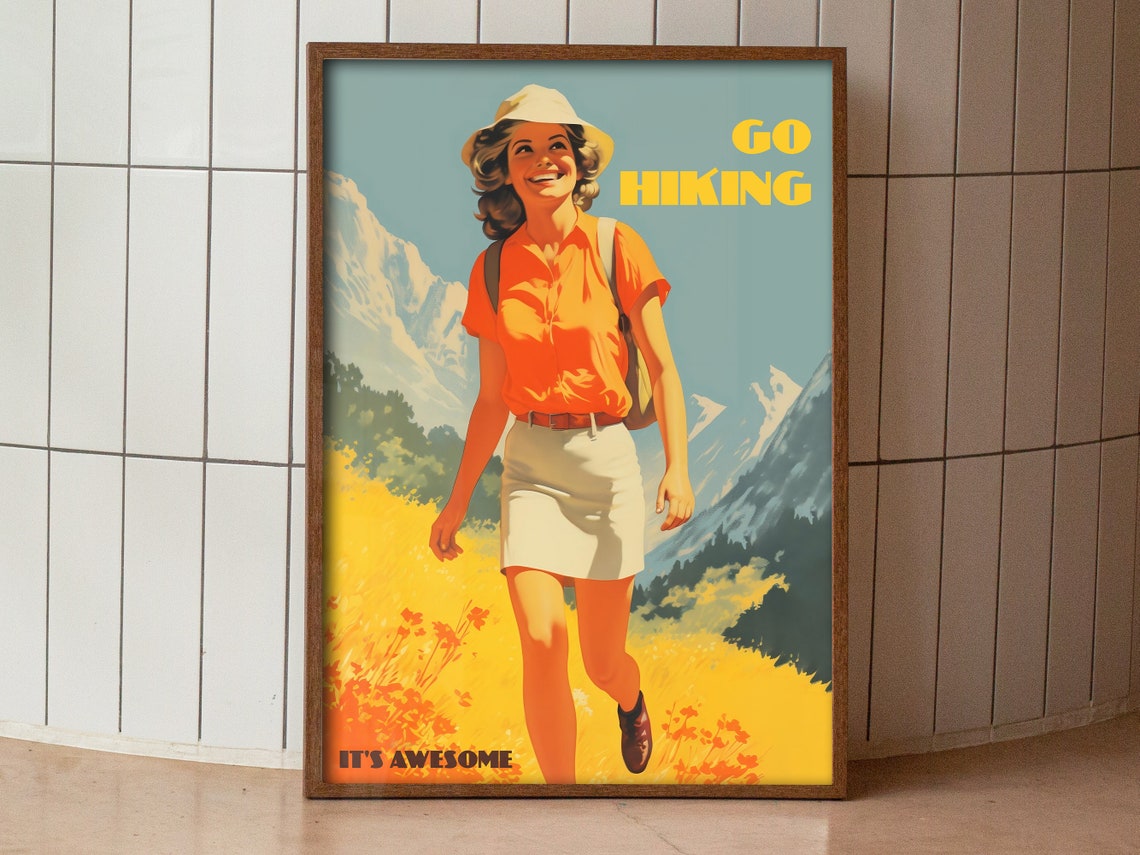 Go Hiking Poster Vintage Hiking Art Sporty Wall Art Vintage Camp Art Retro Travel Poster Mountain Poster Print Cabin Decor - Image 3