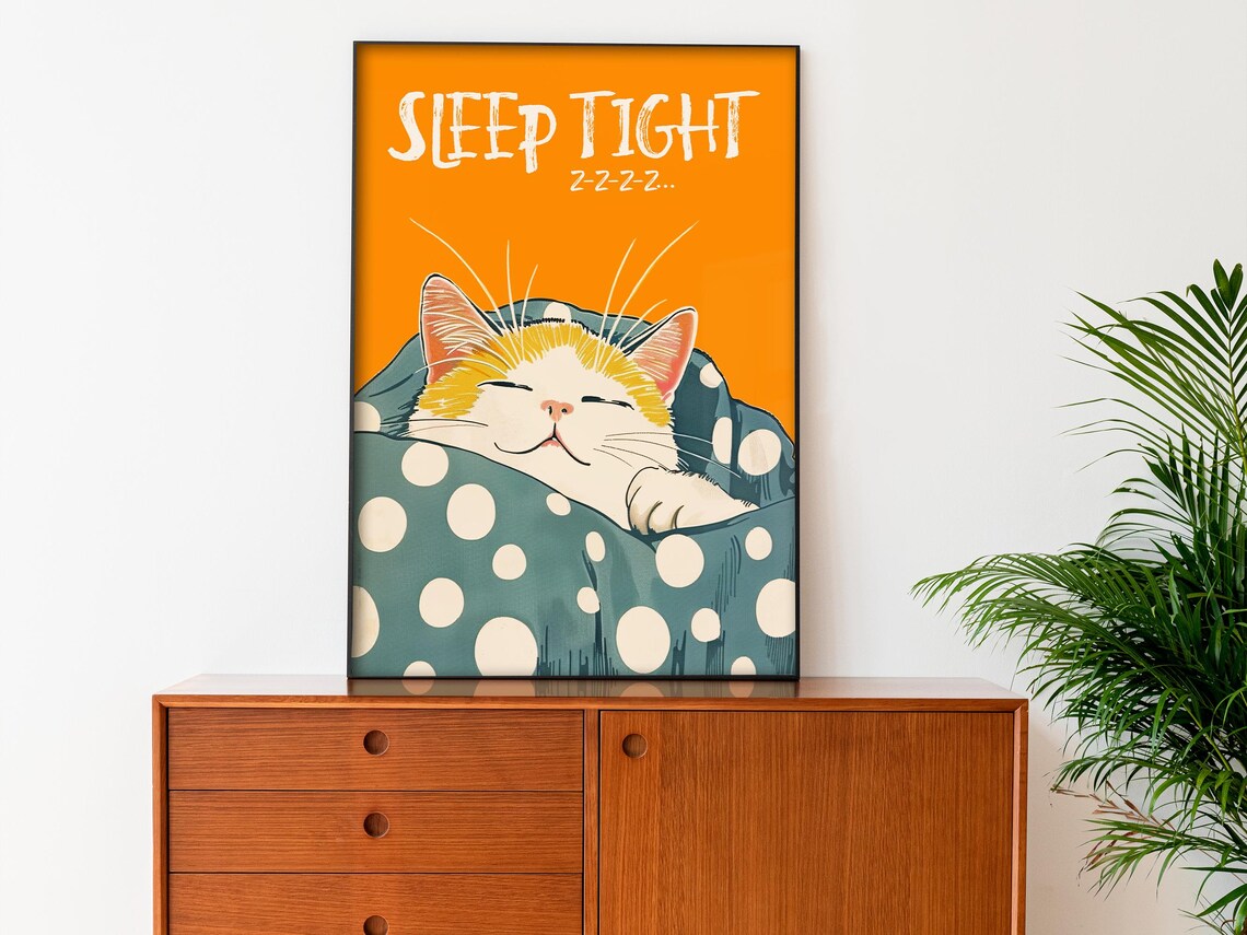 Sleep Tight Orange Cat Sleeping Polka Dot Blanket Bedroom Poster - Image 3