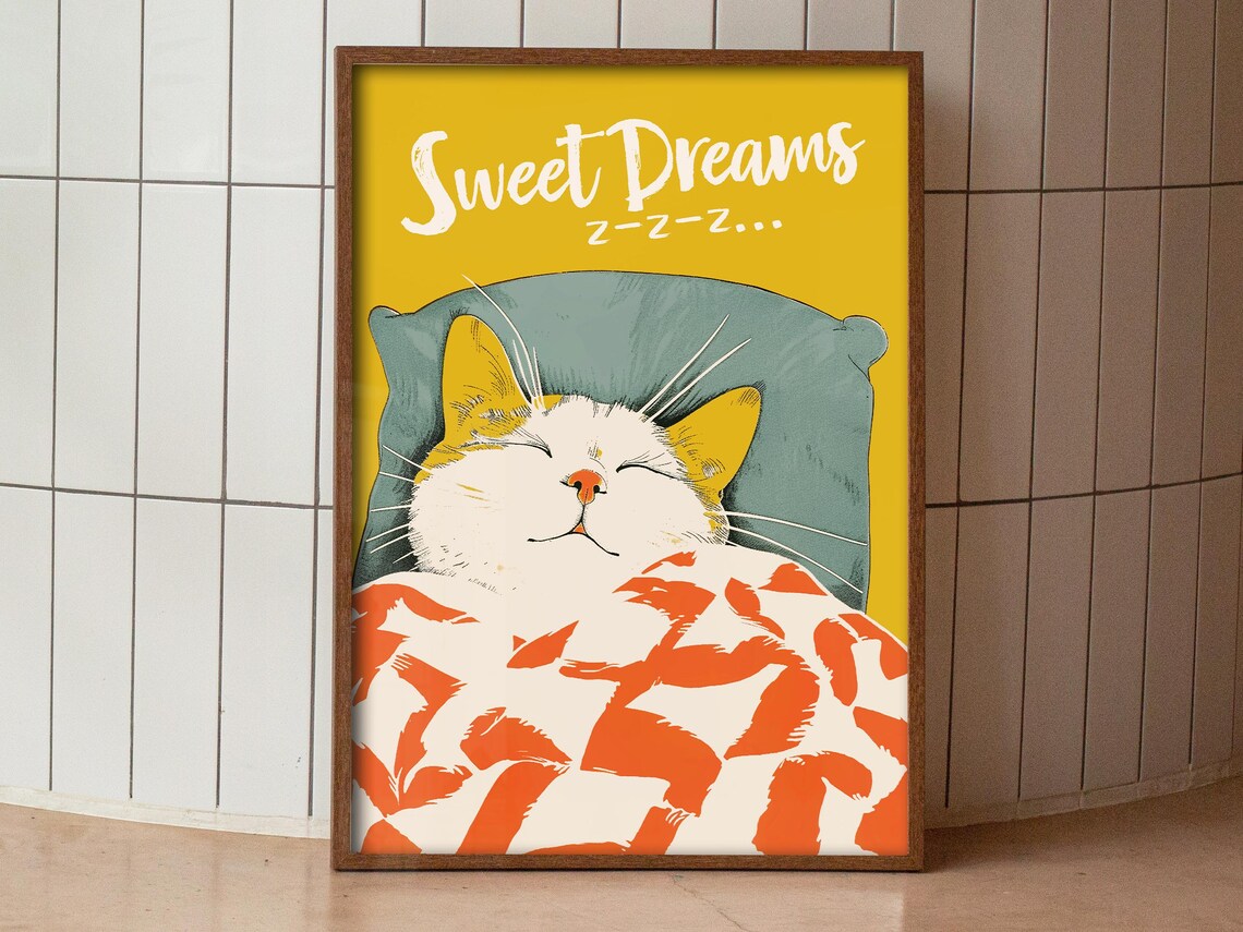 Sweet Dreams Sleepy White Cat In Bed Yellow Retro Bedroom Poster - Image 2