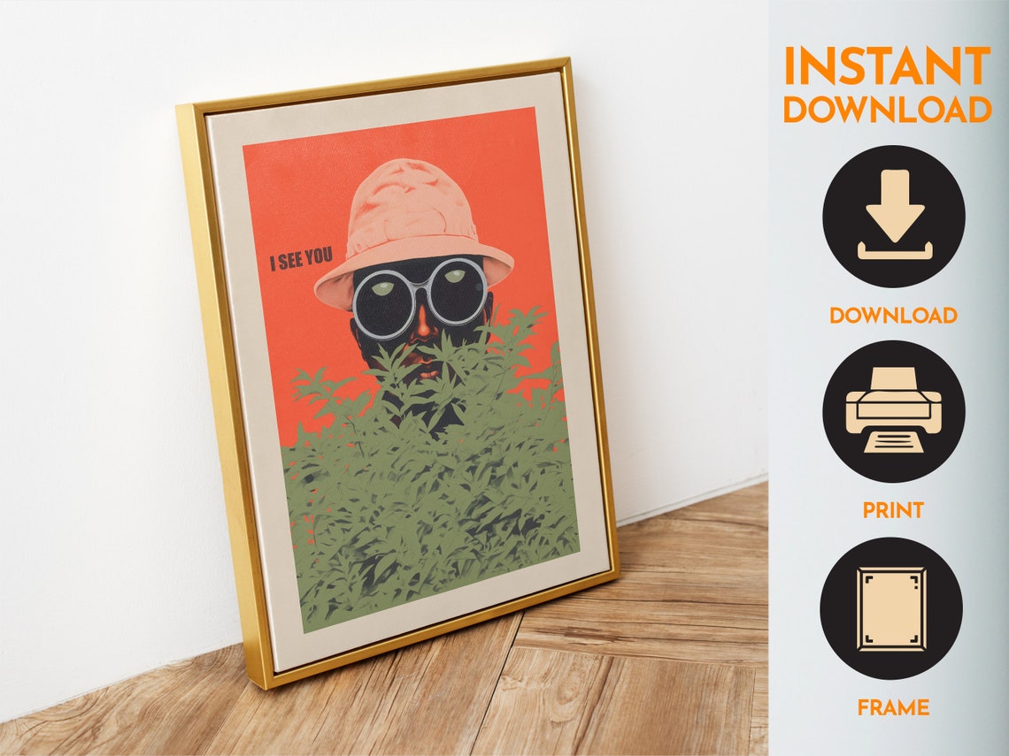 I See You Man In Bucket Hat Sunglasses Behind Leaves Orange Art Poster - Image 6