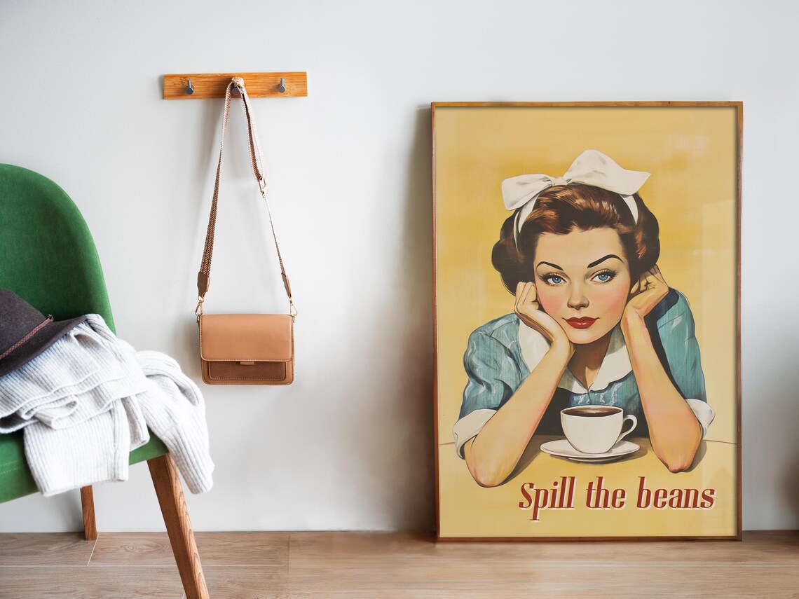 Spill The Beans Vintage Retro Woman With Coffee Cup Kitchen Poster - Image 5