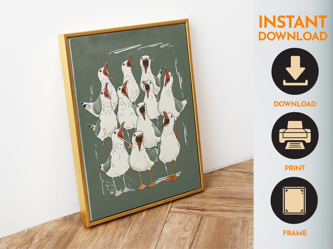 Squawking Seagulls Flock Funny Olive Green Bird Comedy Art Poster - Image 4