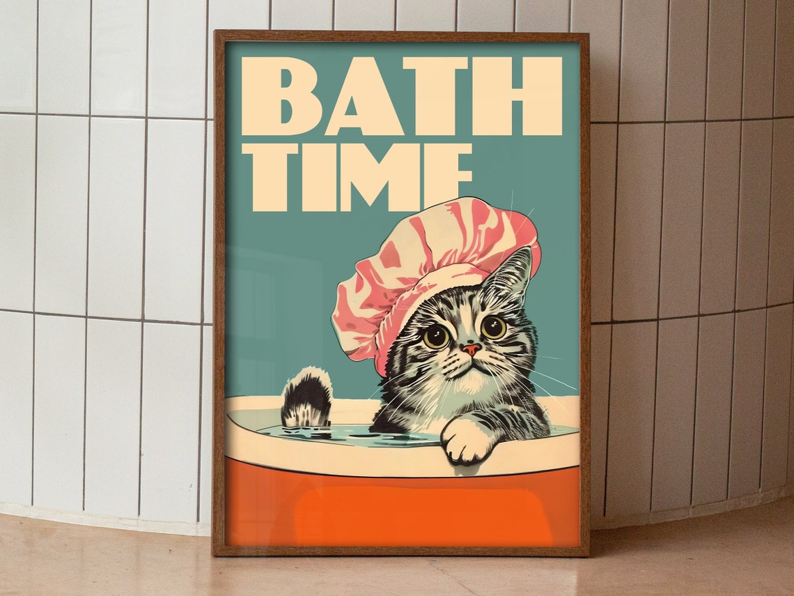 Bath Time Tabby Cat Shower Cap Cute Vintage Bathroom Decor Poster - Image 3