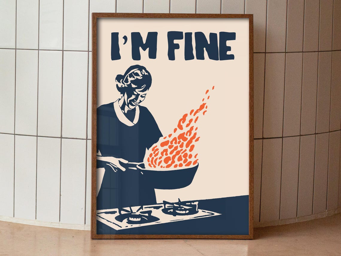 I Am Fine Funny Cook Flaming Pan Minimalist Navy Kitchen Wall Poster - Image 4