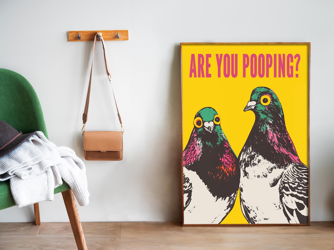 Funny Toilet Art Print Are You Pooping Pigeon Bathroom Wall Art Yellow Above Toilet Poster Funny Quote Birds Wall Art - Image 5