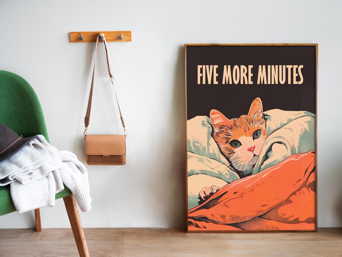 Five More Minutes Sleepy Orange Cat In Blankets Retro Bed Poster - Image 5